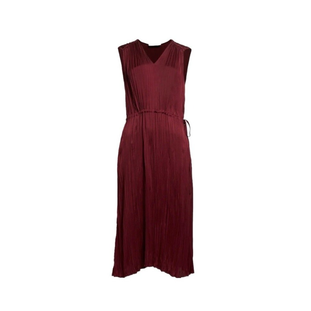 Vince V-Neck Side Tie Satin Plisse Dress Quiet Luxury Feminine Plum Wine, M